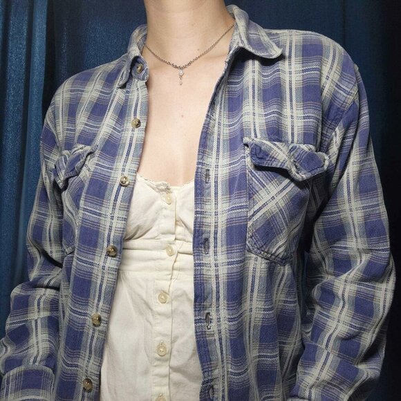 Vintage 70s western soft blue purple and white cotton plaid button-up shirt - Picture 2 of 15